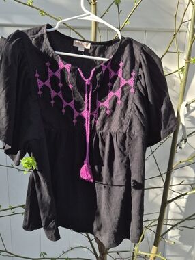 ​Knox Rose Black Boho Embroidered Tassel Blouse - Size Medium